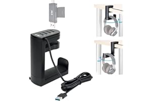 KIWIFOTOS Headphone Holder with USB Hub, Headset Hook Hanger Mount Under Desk with 4 Ports USB Hub Station High Speed Trans Data Table Organizer- Black