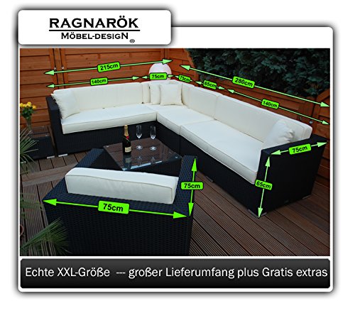 PolyRattan Lounge DEUTSCHE MARKE -- EIGNENE PRODUKTION 7 Jahre GARANTIE Garten Möbel incl. Glas und Polster Ragnarök-Möbeldesign (schwarz) Gartenmöbel