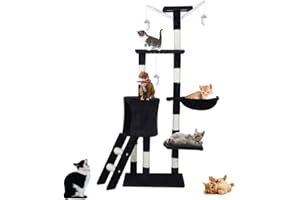 ICOCO Cat Scratching Post 143 cm Cat Tree Multi-Level Stable Cat Tower Cat Scratching Post with Bed,Cat Bed Cat Climbing Frame with Ladder,Pet Activity Furniture Play House for Indoor Cats,Black