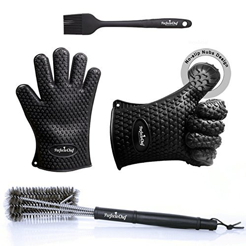 Preisvergleich Produktbild Grill Bürste Triple Oberfläche Bereich stain-less Stahl und Silikon Barbecue Handschuhe perfectochef Premium Set, kommt mit Backpinsel aus Silikon, für Kochen, Grillen, Rauchen, Backen