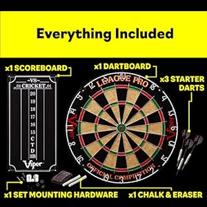 Viper League Pro Regulation Bristle Steel Tip Dartboard Starter Set with Staple-Free Bullseye, Radial Spider Wire, High-Grade Sisal with Rotating Number Ring, Chalk Cricket Scoreboard, Steel Tip Darts
