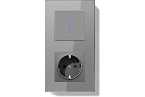 BSEEDLIFE Enchufe con Interruptor,Interruptor Pared Conmutador Empotrado con Marco de Cristal con LED Indicador,1 Gang 1 Vía,Fácil Instalación Diseño de Gancho de Garra 157 * 86mm Gris