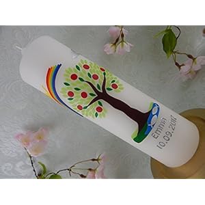 Taufkerze Wachs Baum braun grün blau mit Regenbogen und Apfel Taufkerzen für Jungen Mädchen 250/70 mm inkl. Name