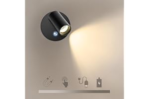 JZCDR Noir Applique Murale Sans Fil, Lampe Murale Intérieure avec Interrupteur Tactile Luminosité Réglable Batterie Rechargeable USB 3000K LED Appliques Chambre, Rotatifs Liseuse Murale