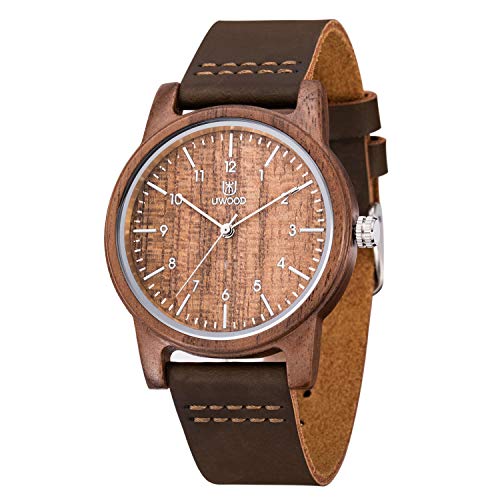Reloj Madera Hombre, MUJUZE Natural De Madera Del Reloj De Cuero Reloj Único Texturas Regalos De Aniversario(Nogal)