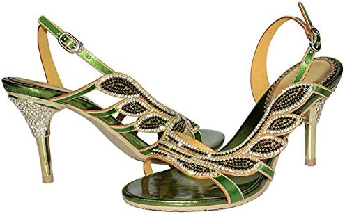 crystal diamond sandals hollow buckle slippers shoes handmade leather women evening banquet party nightclub pumps thin high heels . green . 33
