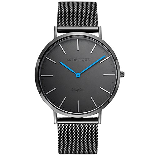 AS DE PIQUE Classic Luxus Armbanduhr schweizer Uhrwerk kratzfestes Saphirglas Mesharmband schwarz blaue Zeiger AS DE PIQUE Classic Luxus Armbanduhr schweizer Uhrwerk kratzfestes Saphirglas Mesharmband schwarz blaue Zeiger