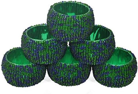 Set of 6 - Vintage Napkin Rings Pack Green &amp; Blue Beads - Hollow Out Round Napkin Rings Resin Beaded - Dia 1.5 Inches