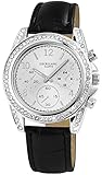 Damenuhr Silber Schwarz Strass Chrono-Look Analog Leder Armbanduhr