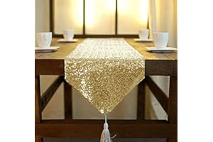 ShinyBeauty Light Gold Table Runners Tassel 12x90-Inch Sequin Table Runner Champagne Gold Table covers For Party Glitter Table Runner Graduation Decorations Wedding Table Runners