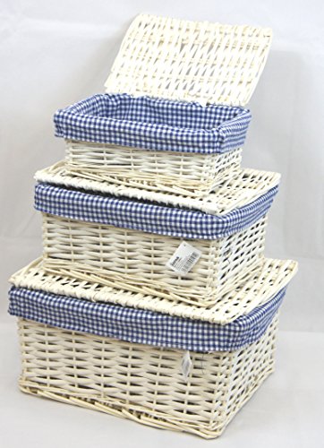 Arpan Set of 3 Lidded Wicker Storage Xmas Hamper Basket With blue Gingham Lining by ARPAN - 2