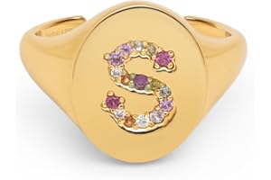 SINGULARU - Anillo Personalizado Signet Letter Colors. Ajustable. Latón con Acabado Baño de Oro de 18 Kt. Talla Unica. Joyas para Mujer. Letra A - Z