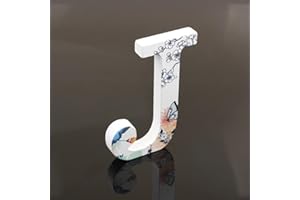 FREEAS Décoratif Bois Lettres, 26 Alphabet Blanc Lettres en Bois Avec Motif Papillon et Fleur imprimé pour Déco Nom des Enfants Fête d'anniversaire de Mariage Décoration de Maison et de Chambre à Couche (J)