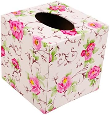 Tissue Box , Napkin Paper Holder, TTrees PU Leather Rectangular Reusable Tissue Box Holder Cover Napkin Paper Box Case Tray Pumping for Home Office Car Automotive Restaurant Hotel 13.5*13.5*13.5 CM (Flower White)