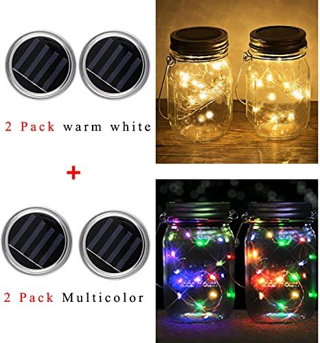 AREOUT 4 Pack Solar Powered Mason Jar Solar Lights，20 Led Fairy Jar Hanging Lights Lids,Outdoor Patio Lawn Garden yard porch Lights for party wedding festival - Jars NOT included