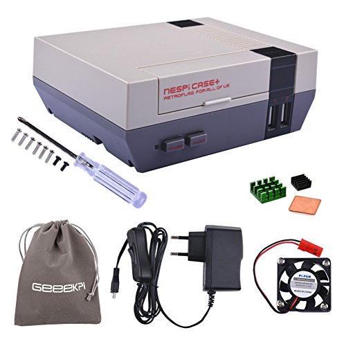 Retroflag Custodia NESPi + Plus & 5V 2.5A Alimentatore UE con interruttore ON / OFF e ventola di raffreddamento e dissipatori e borsa flanella per RetroPie Raspberry Pi 3/2 Modello B & Raspberry Pi 3B + (Custodia con alimentatore)