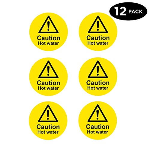 Caution Hot Water Safety Stickers Sign - 12 Pack Self Adhesive 65mm Diameter Vinyl Signs