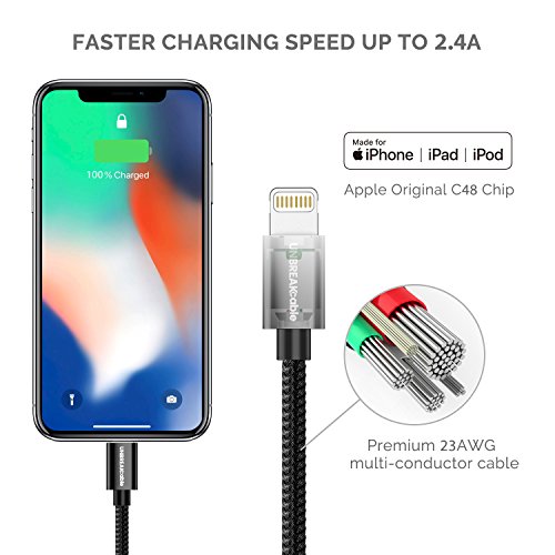 UNBREAKcable Chargeur iPhone  MFI certifi   Apple   3 3ft  1m  Cable Lightning en Nylon pour iPhone X 8 8 Plus 7 7 Plus 6s 6s Plus 6 6 Plus 5c 5s 5  iPad - Noir