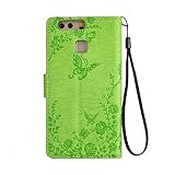 Huawei P9 Hülle,Cozy Hut® Intarsien Bling Kristall Glitzer Strass Diamant PU leder Hülle/ Schutzhülle / Cover / Handyhülle / Etui für Huawei P9 Lederhülle Flip Tasche mit Kartenfächer und Standfunktion Schmetterling Blau Muster Schutzhülle – grün - 2
