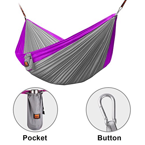 HiCool Hängematte Doppel Camping Hammock aus Atmungsaktiv, Schnell Trocknende Fallschirm Nylon Mehrpersonen 300 x 180 cm, Belastbar bis 300 kg für Reise Camping Garten Trekking Strand Travel u.s.w. (300 x 180 cm, Gelb+Dunkelgrün) - 5
