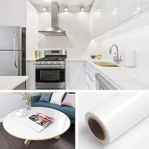 ELTON Pure White Glossy Vinyl Self Adhesive Wallpaper,Furniture Film 1.33 x 7 feet