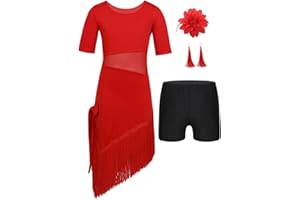 IEFIEL Vestido de Baile Latino Salón para Niñas con Flecos y Leggings Pantalones Cortos de Elásticos Vestido Rendimiento de Sevillana Chacha Tango Profesional 3-15 Años