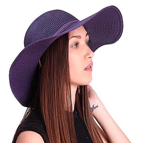 TININNA Damen Frauen Faltbar Böhmen Wide Rand Sonnenhut Strohhut Strandhut Sommerhut Sommer Hut Sonnenhuete Strand Kappe Sandstrand Sonnenhüte (Lila) - 2