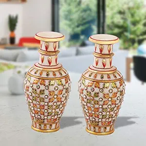 Handicrafts Paradise Marble Flower Pot Pair with Leaves Painted in Emboss 6 Inch