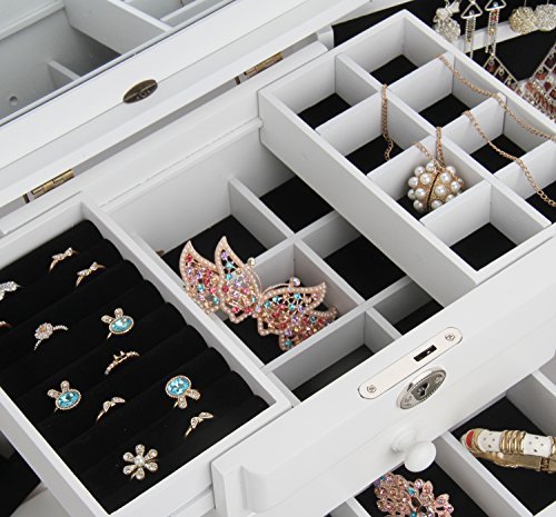 Holz Schmuckkästen mit 4 Schubladen und Spiegel Schmuckaufbewahrung Schmuckkoffer Schmuckkasten 31*21*28 cm MD20WT - 5