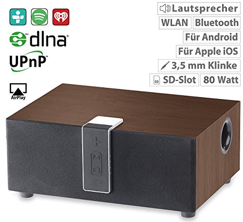 auvisio Aktiv Lautsprecher: WLAN-Multiroom-Lautsprecher mit Subwoofer, BT, Airplay, 80 W, walnuss (Audio Funkübertragungs Lautsprecher mit Airplay) auvisio Aktiv Lautsprecher: WLAN-Multiroom-Lautsprecher mit Subwoofer, BT, Airplay, 80 W, walnuss (Audio Funkübertragungs Lautsprecher mit Airplay)