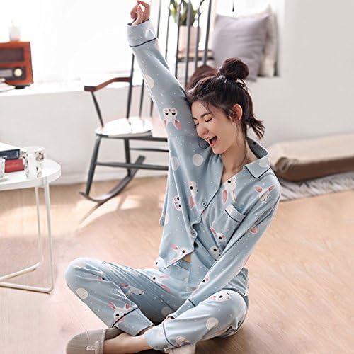 Cotton ladies long-sleeved pajamas spring and autumn cartoon cute blue home service suits ( Size : XXL )