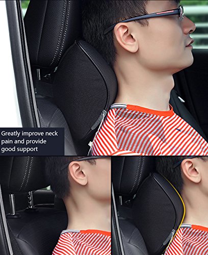 Koyoso Nackenkissen Auto Kopfstütze Halsstutze Kissen Gedachtnis Schaum Echtes Leder Ergonomisches Nackenstützen – Schwarz - 3
