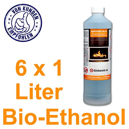 Bio-Ethanol 6 x 1 L 96,6% für Kamine 1 Liter Flaschen für handliche und sichere Anwendung Brennstoff für Deko-Kamine im Innen- und Außenbereich Bio-Alkohol ist geruchsneutral & verbrennt rückstandslos