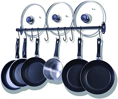 ZESPROKA Wall Mounted Kitchen Rail, Pot Pan Lid Rack, Utensil Organizer, with 10 Hooks, Black, 31.50-Inch-Long