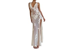 MESALYNCH Women See Through Mesh Long Dress Y2k Sleeveless 3D Flower Maxi Dress V Neck Backless Ruffle Slit Dress Beach Party