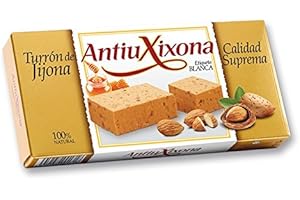 AntiuXixona - Turron de Jijona White Label Hartes Mandelnougat mit ganzen Mandeln - Höchste Qualität - 200gr (Kein Gluten) - Spanisch nougat / Spanisch turron