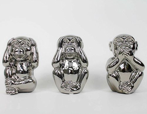 Drei Affen - Nichts sehen, sagen, hören - 14cm Deko Figur silber chrom glasiert Keramik