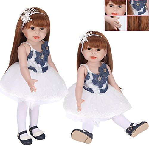 Reborn Baby Doll Simulation Silicone Vinyl 18inch 45cm Lifelike Girl Kids Handmade Newborn Baby Toy Gift With Long Straight Hair Dress Socks Shoes Headband Set 780G