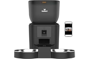 Comedero Automático para Gatos y Perros con Cámara HD, 4L, Doble Cuenco de Acero Inoxidable, Control por App, Programable – Tensfact – Negro