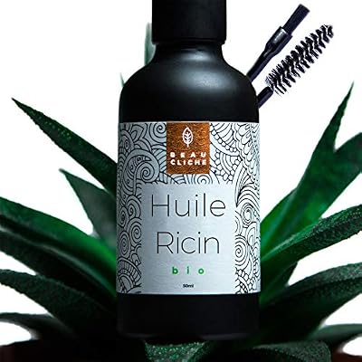 Beau Cliché 50ml Huile de Ricin Bio, Pressée à froid, Pure - Soin 100% Naturel pour stimuler et fortifier la pousse des cheveux, barbe, cils, sourcils, ongles et peau - Bouteille en verre accompagnée d’un pinceau et d’une brosse à cils/sourcils -…