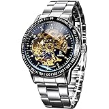 Alienwork IK mechanische Automatik Armbanduhr Skelett Automatikuhr Uhr Herren Uhren sport Zeitloses Design Edelstahl schwarz silber 98226-11