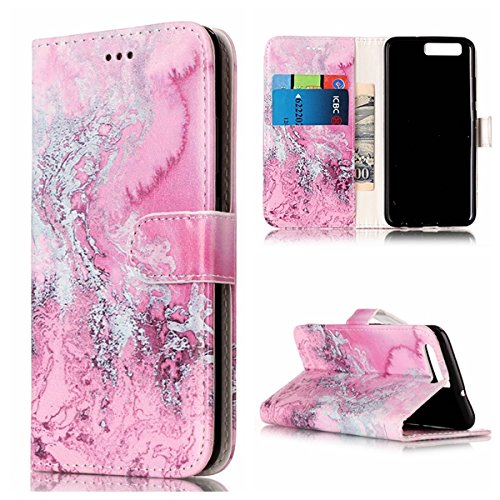 Preisvergleich Produktbild Lonchee Schutzhülle / Cover / Handyhülle / Ledertasche / Brieftasche Etui für Huawei P10 Marmormuster Gemalte Muster Design Folio PU Leder Tasche Case Hülle im BookStyle mit PU Leder Hülle Wallet Case – Rosa Meerwasser