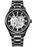 Alienwork Herren Damen mechanische Automatik-Uhr schwarz mit Edelstahl Metallarmband Skelett