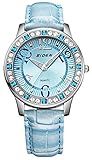 Damen Leder Uhr, Frauen 3 Bars Wasserdicht Analog Quarz Uhren mit Blau Lederband, Lady Fashion Kleid Armbanduhr mit Bling Kristall für Frauen teenages Mädchen Geburtstag Geschenk ueoto