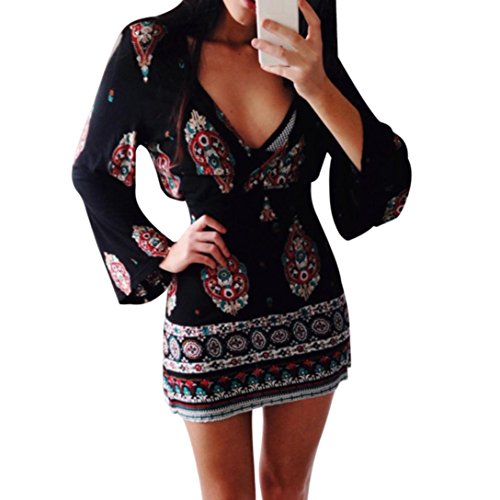 OVERDOSE Robe Cache-CœUr Courte Manches Longues et Imprimé Floral Robe Moulante Hiver Mini Dress (42, Noir)