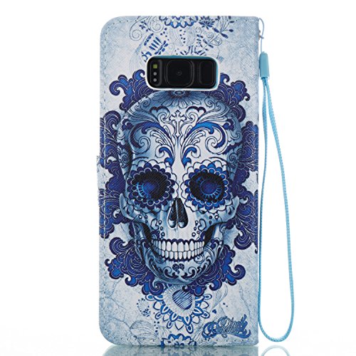 Hülle für Samsung S8, Galaxy S8 Brieftasche Schutzhülle, Aeeque Blau Wolke Schädel Muster Flip Tasche im Bookstyle mit Kartenfach Trageschlaufe Kunstleder Handyhülle Etui Wallet Case Cover Schale für Samsung Galaxy S8 - 5