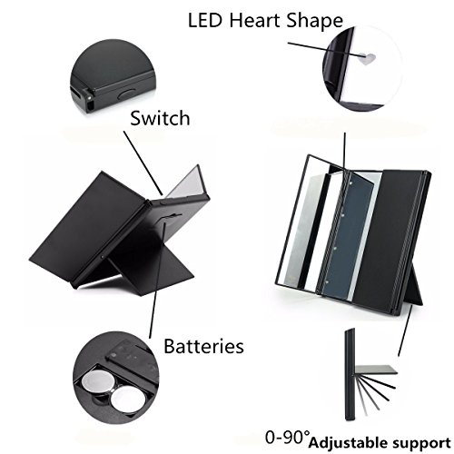 Kosmetikspiegel mit LED beleuchtung ,Charminer super helle 8 LEDs 3 Seite Tri-Fold Schminkspiegel, batteriebetrieben(Batterie nicht enthalten) Beleuchtet Makeup Spiegel,Badspiegel Ohne vergrößerung Reisespiegel Faltbare Beleuchtet Standspiegel - 3