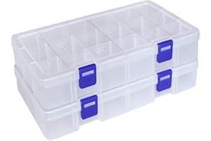 Qualsen Clear Organiser Storage Box, Small Storage Box with Lid, Fishing Tackle Boxs, Stackable Plastic Container with Adjustable Dividers for Beads, Crafts, Art DIY, Jewelry (18 Grids, 2 Pack)