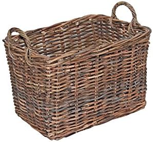 Rattan Log Basket, Rectangular Kindling Storage - Rustic Brown (Medium - L 48 x W 33 x H 31 cm, with handle H 39 c)