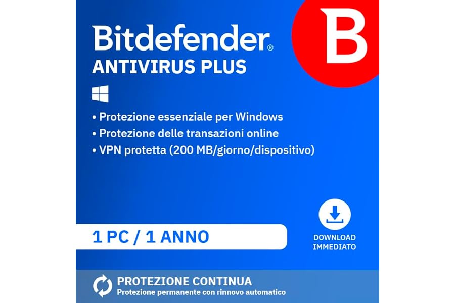 Bitdefender Antivirus Plus 2025 | 1 Dispositivo | 1 Anno | PC | Codice di attivazione via email | Rinnovo automatico